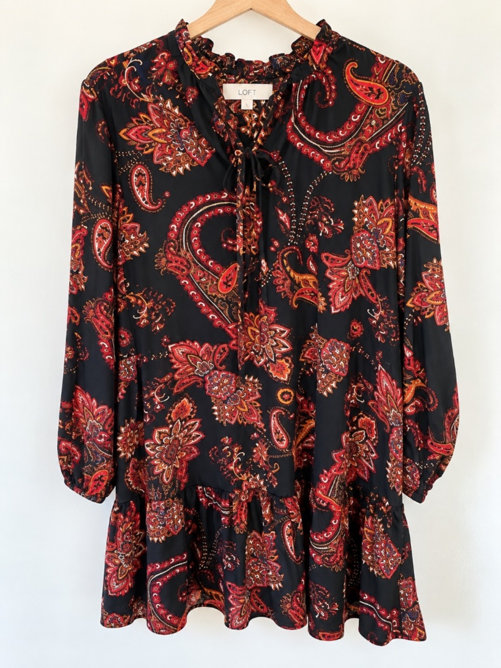LOFT Black Paisley Boho-Shift Tie Neck Tiered Dress Size L